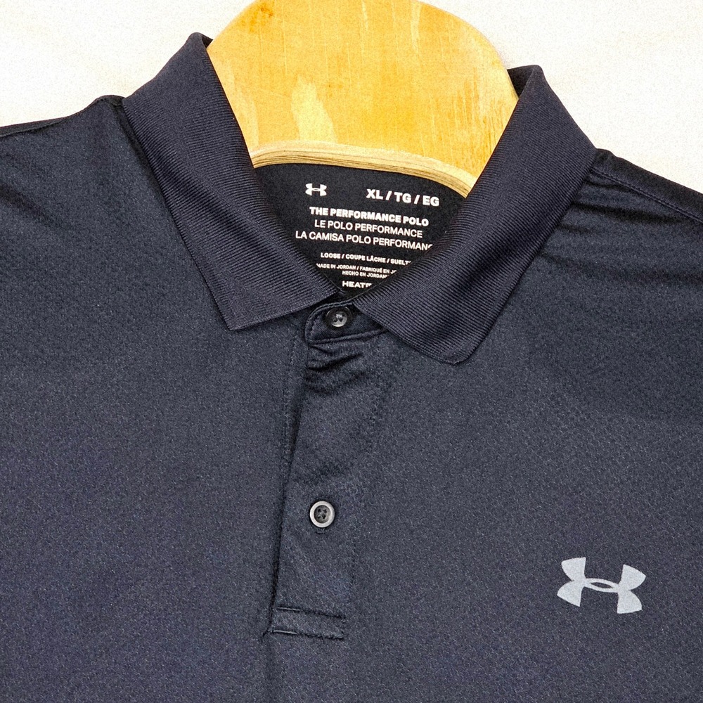 Under Armour Performance Polo Mens XL Black HeatGear Loose Fit Short Sleeve Golf